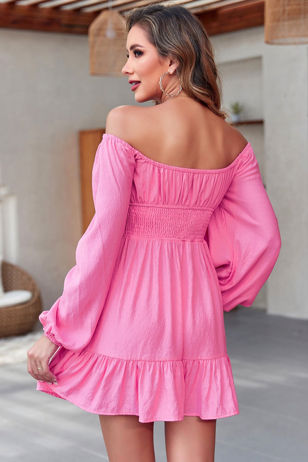 Smocked Balloon Sleeve Off - Shoulder Mini Dress - Too Dimes Boutique