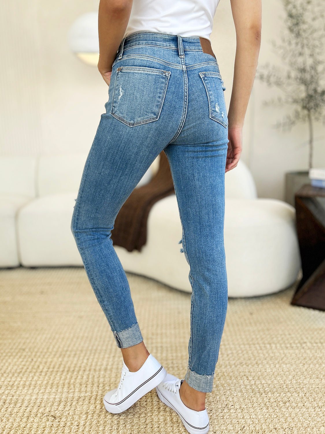Judy Blue Full Size Mid Rise Destroy & Cuff Skinny Jeans - Too Dimes Boutique