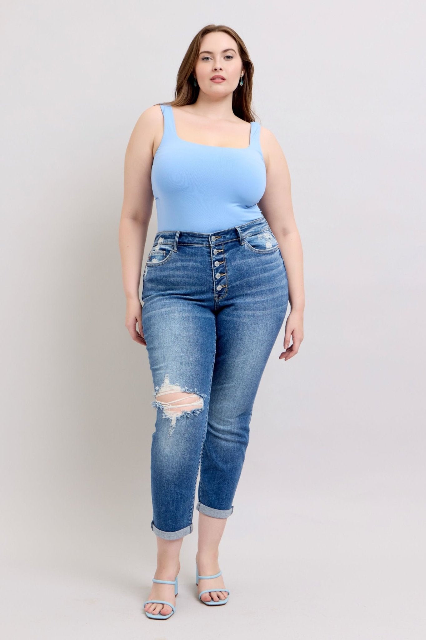 Judy Blue Full Size Button Fly Distressed Jeans with Pockets Plus Size - Too Dimes Boutique