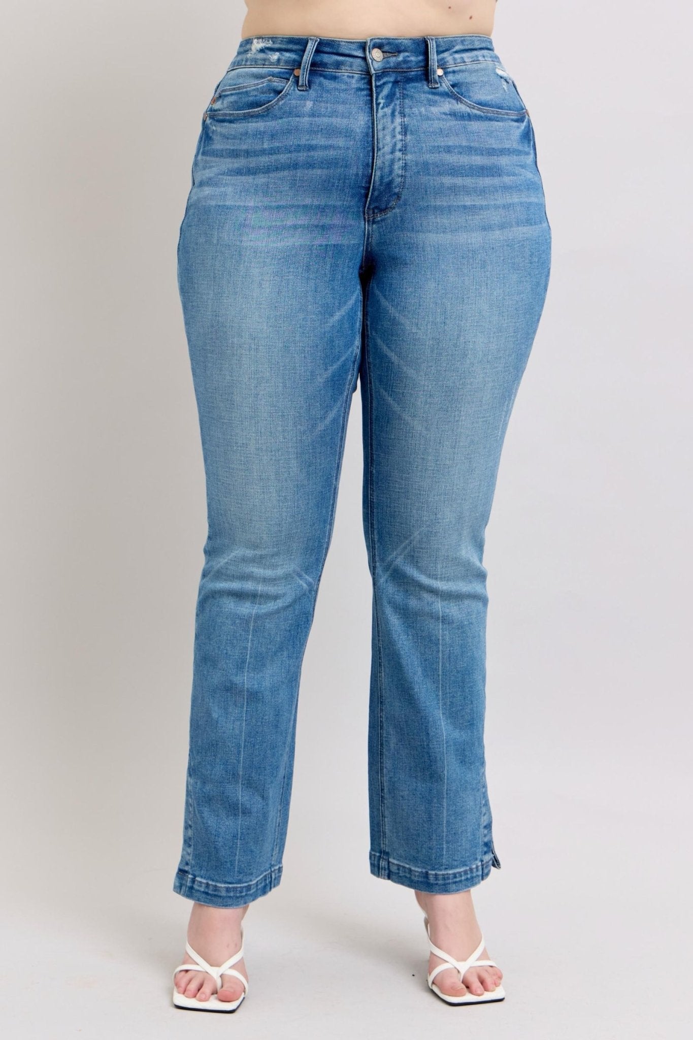 Judy Blue HW Tummy Control Vintage Wash Side Slit Slim Boot Jeans - Too Dimes Boutique
