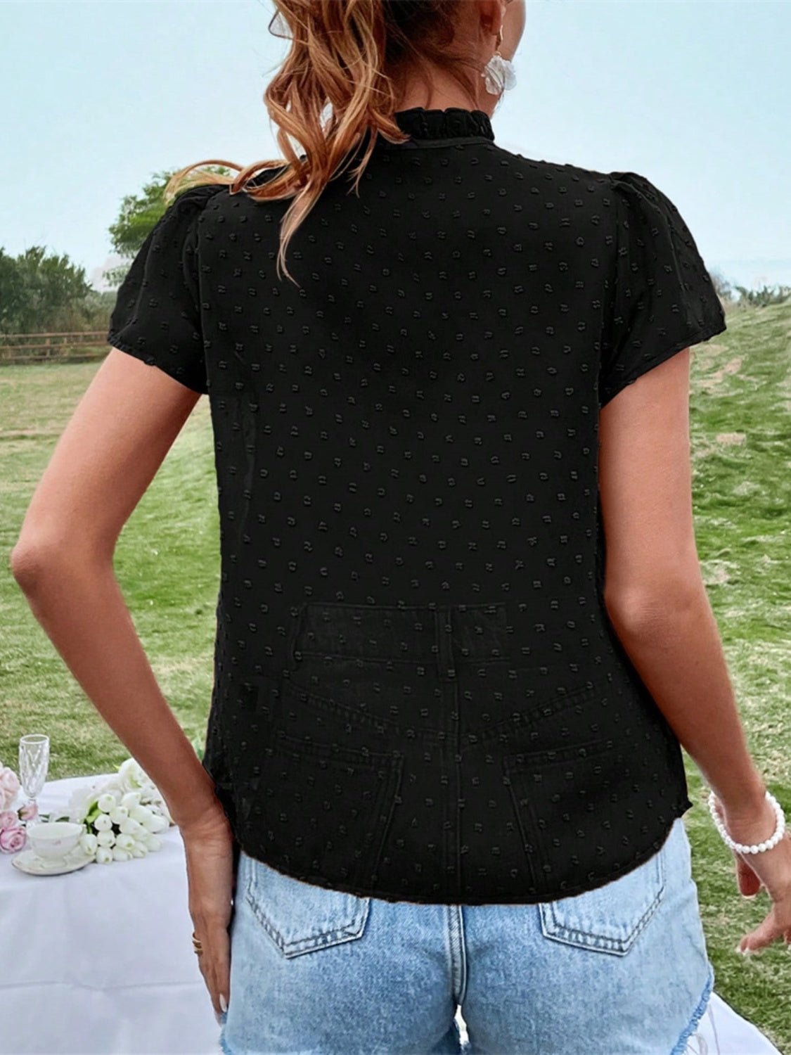 Frill Swiss Dot Tie Neck Short Sleeve Blouse - Too Dimes Boutique