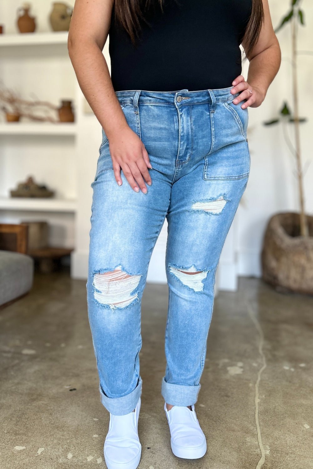 Judy Blue Full Size Distressed Straight Jeans with Patch Pockets - Too Dimes Boutique