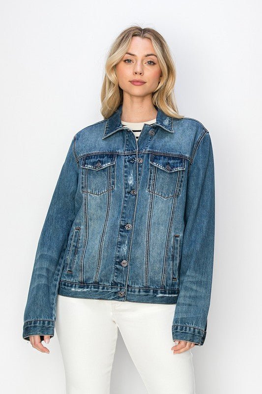 RISEN Full Size Distressed Button Up Jacket - Too Dimes Boutique