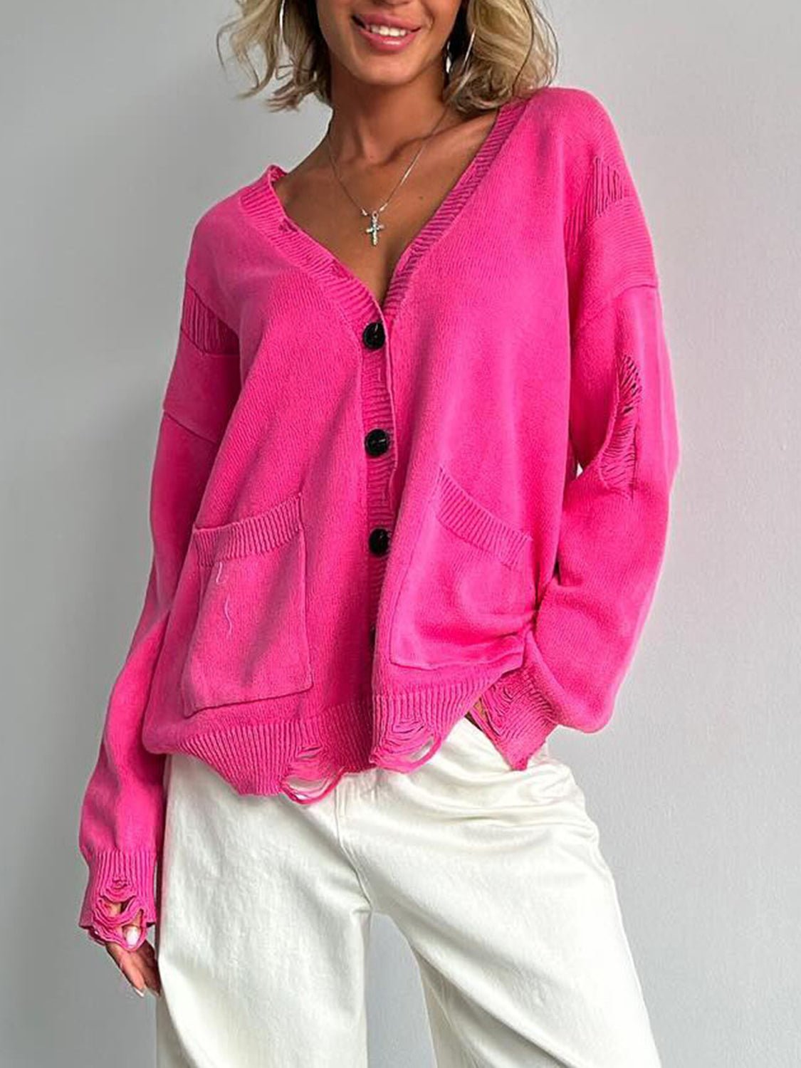 Distressed Button Down Long Sleeve Cardigan - Too Dimes Boutique