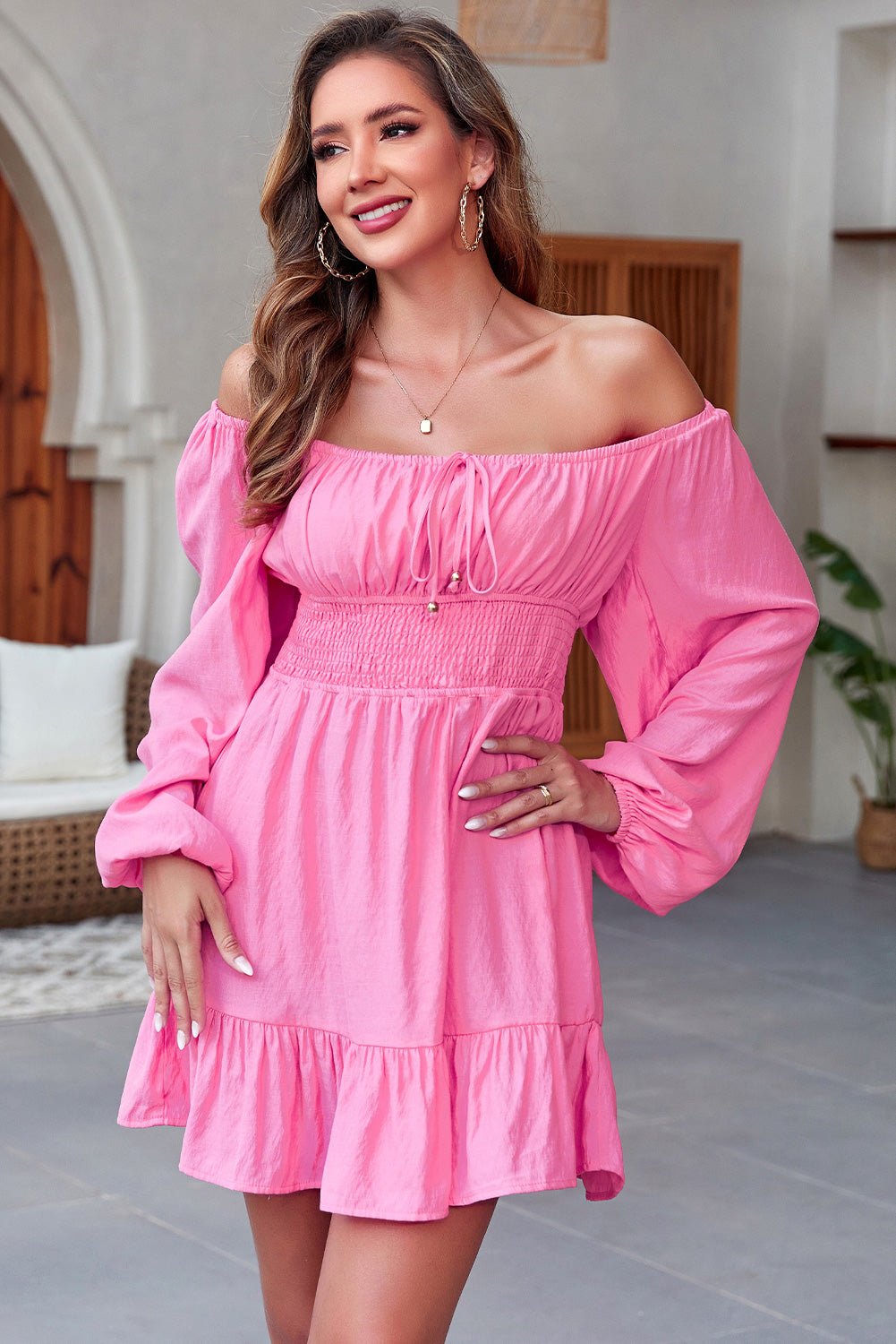 Smocked Balloon Sleeve Off - Shoulder Mini Dress - Too Dimes Boutique