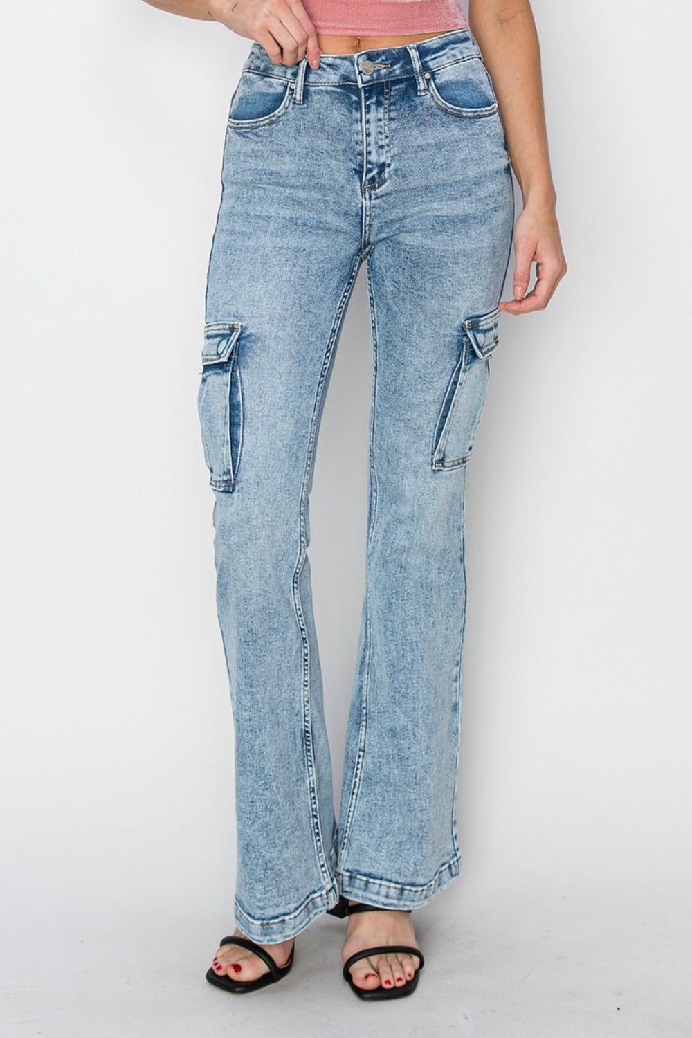 RISEN Full Size High Rise Cargo Flare Jeans - Too Dimes Boutique