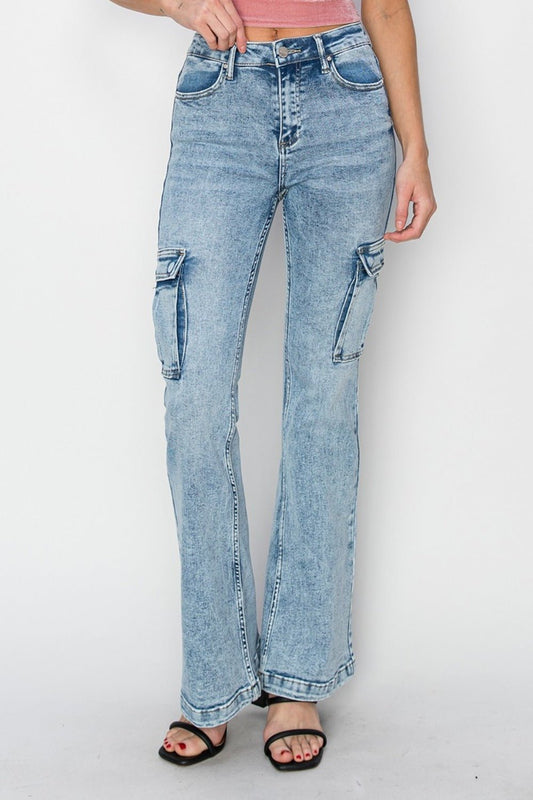 RISEN Full Size High Rise Cargo Flare Jeans - Too Dimes Boutique