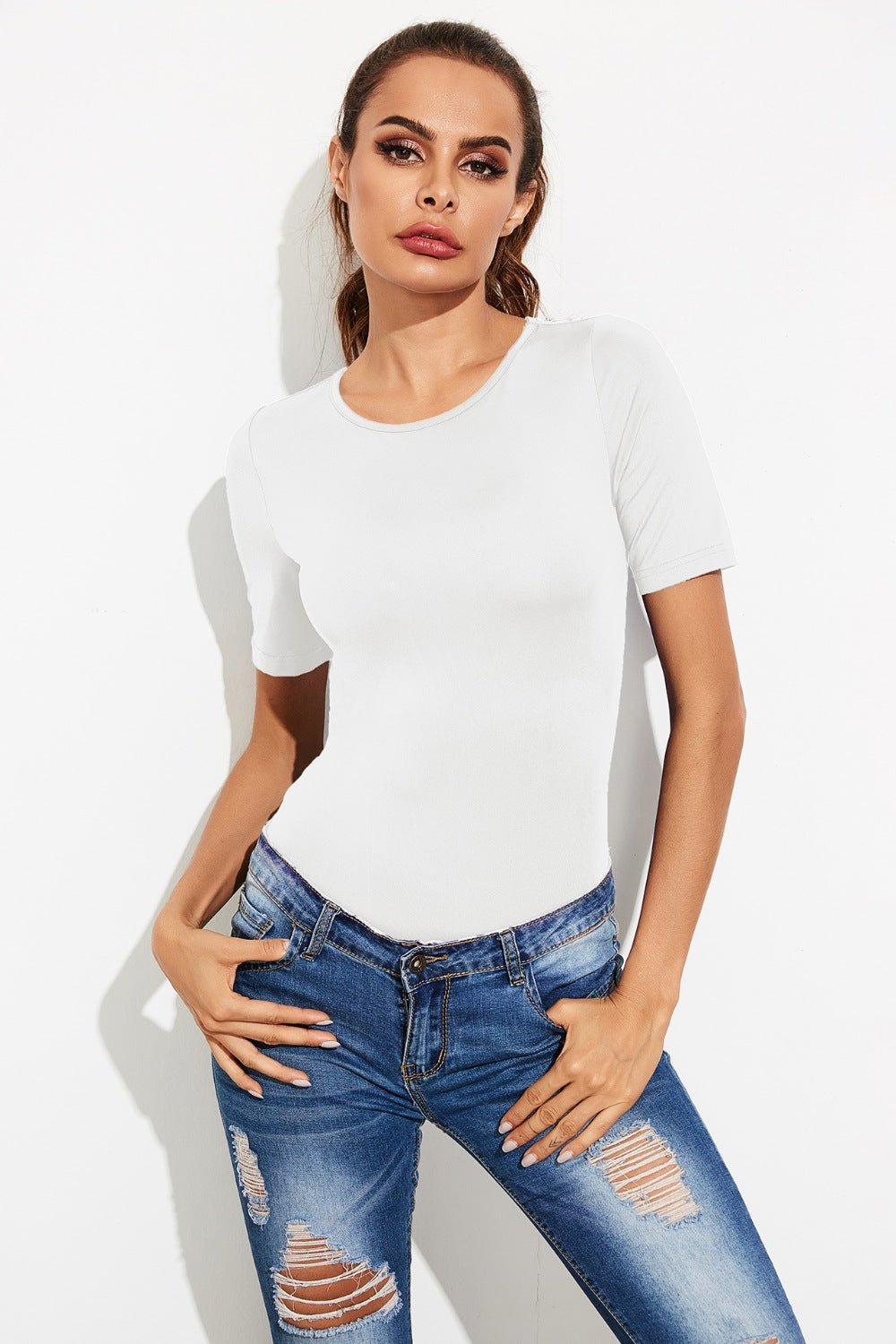 Round Neck Short Sleeve Bodysuit - Too Dimes Boutique
