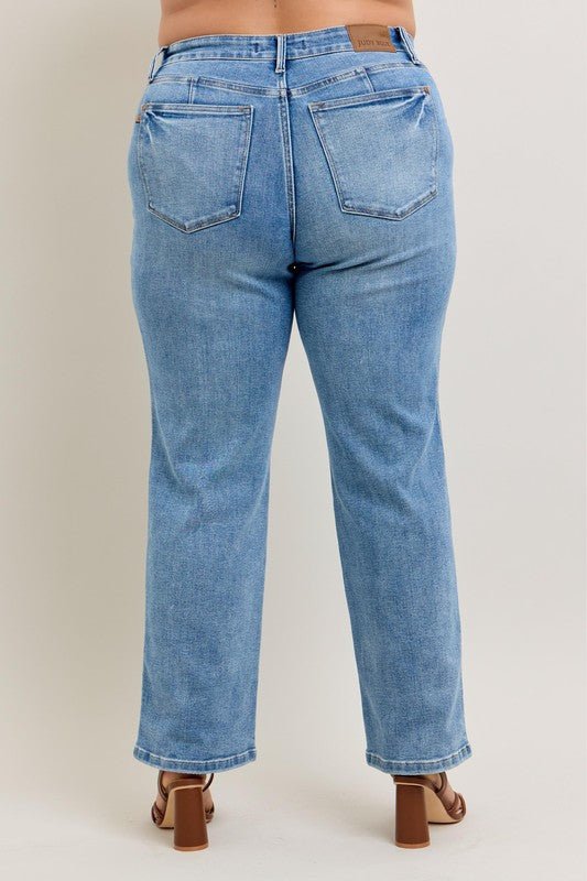 Judy Blue Full Size Tummy Control Vintage Wash Straight Jeans Plus Size - Too Dimes Boutique
