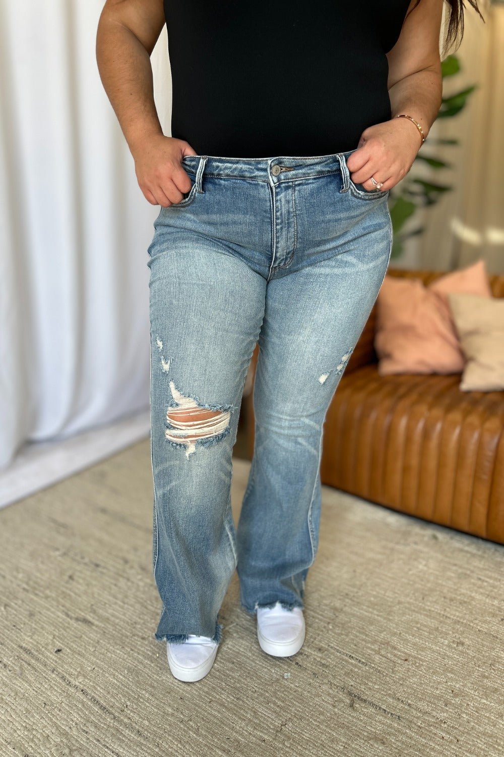 Judy Blue Full Size Medium Rise Tummy Control Destroy Flare - Too Dimes Boutique