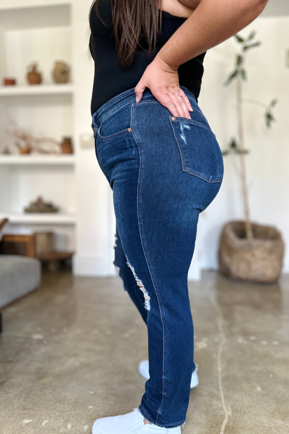 Judy Blue Full Size High Waist Rigid Magic Heavy Destroy Straight Jeans - Too Dimes Boutique