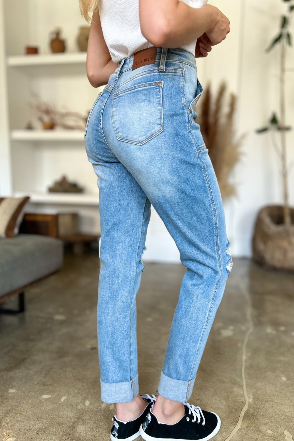 Judy Blue Full Size Distressed Straight Jeans with Patch Pockets - Too Dimes Boutique