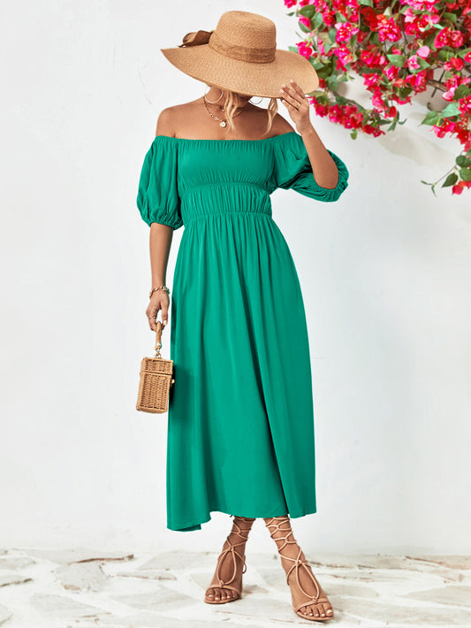 Off - Shoulder Balloon Sleeve Midi Dress - Too Dimes Boutique