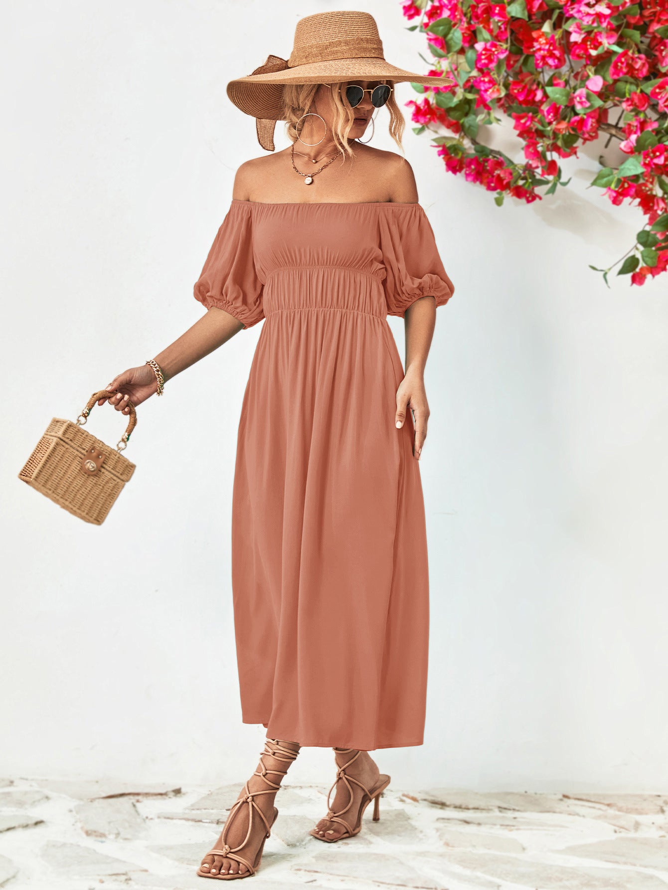Off - Shoulder Balloon Sleeve Midi Dress - Too Dimes Boutique