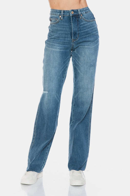 Judy Blue Full Size Tummy Control Cut Raw Hem Straight Jeans - Too Dimes Boutique