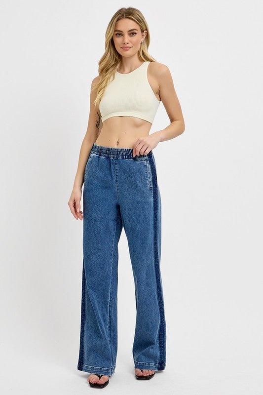 RISEN Full Size Elastic Waist Wide Leg Jeans Plus Size - Too Dimes Boutique