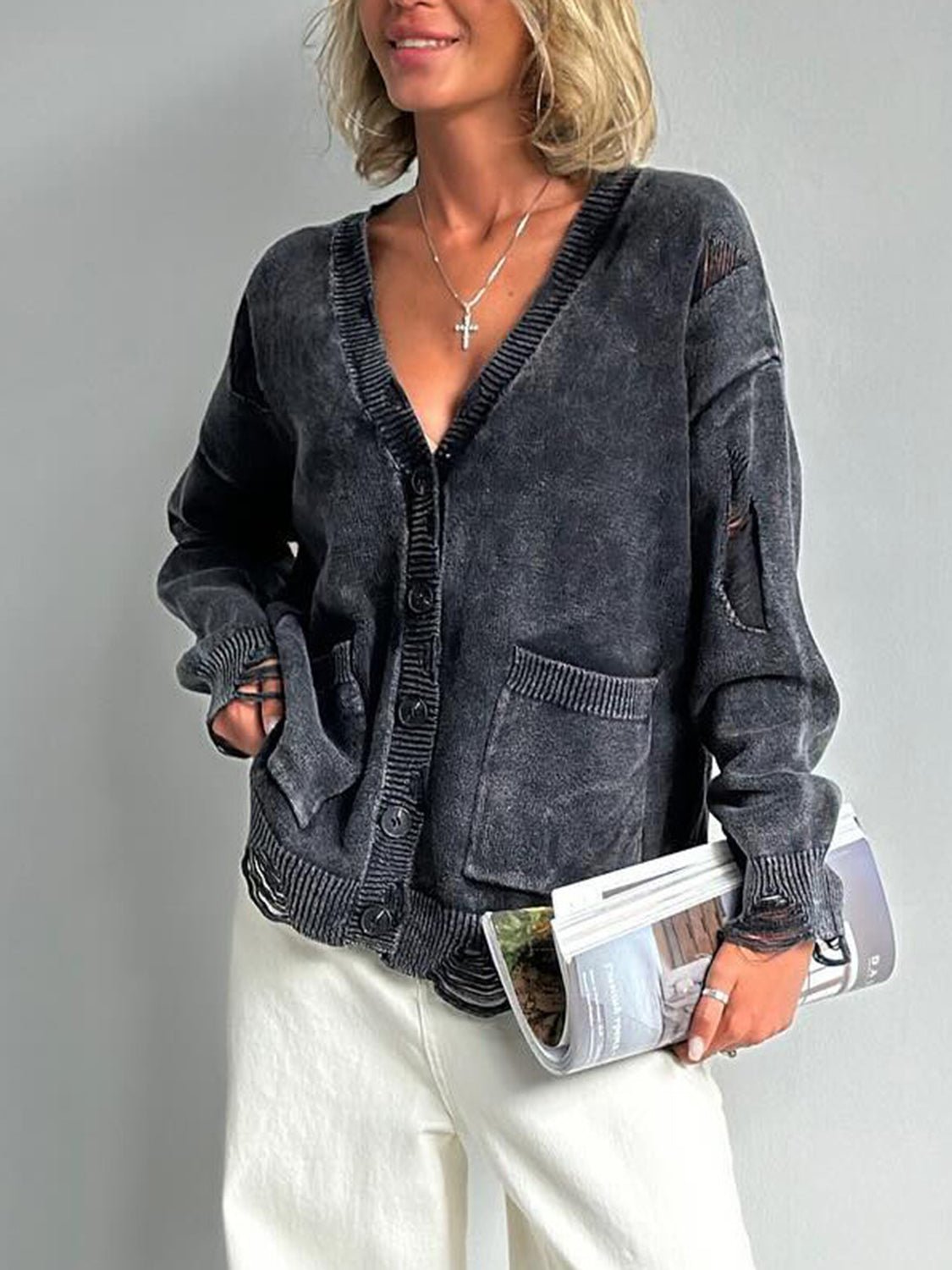 Distressed Button Down Long Sleeve Cardigan - Too Dimes Boutique